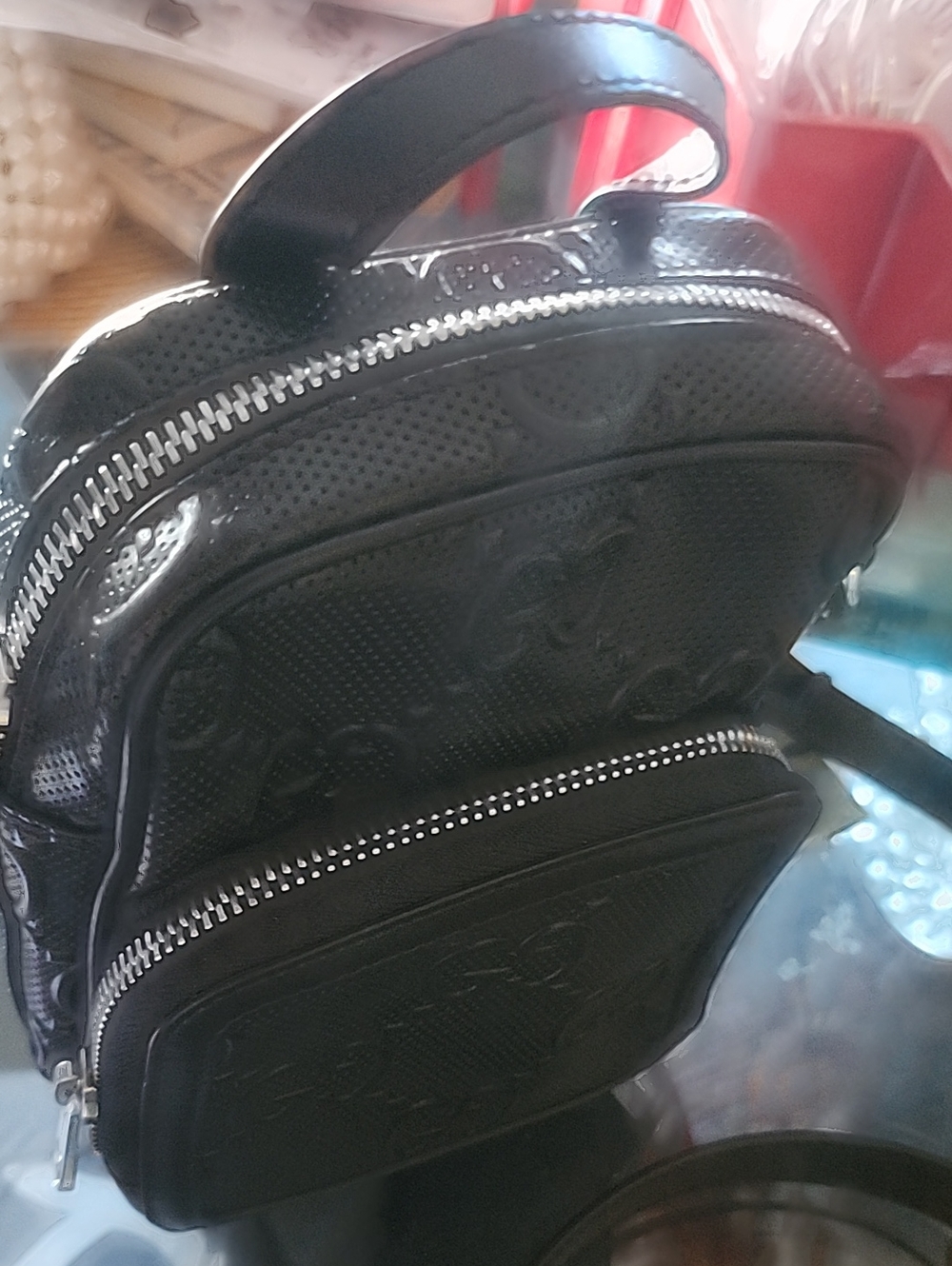 Gucci Black Embossed Mini Backpack with Silver Zippers